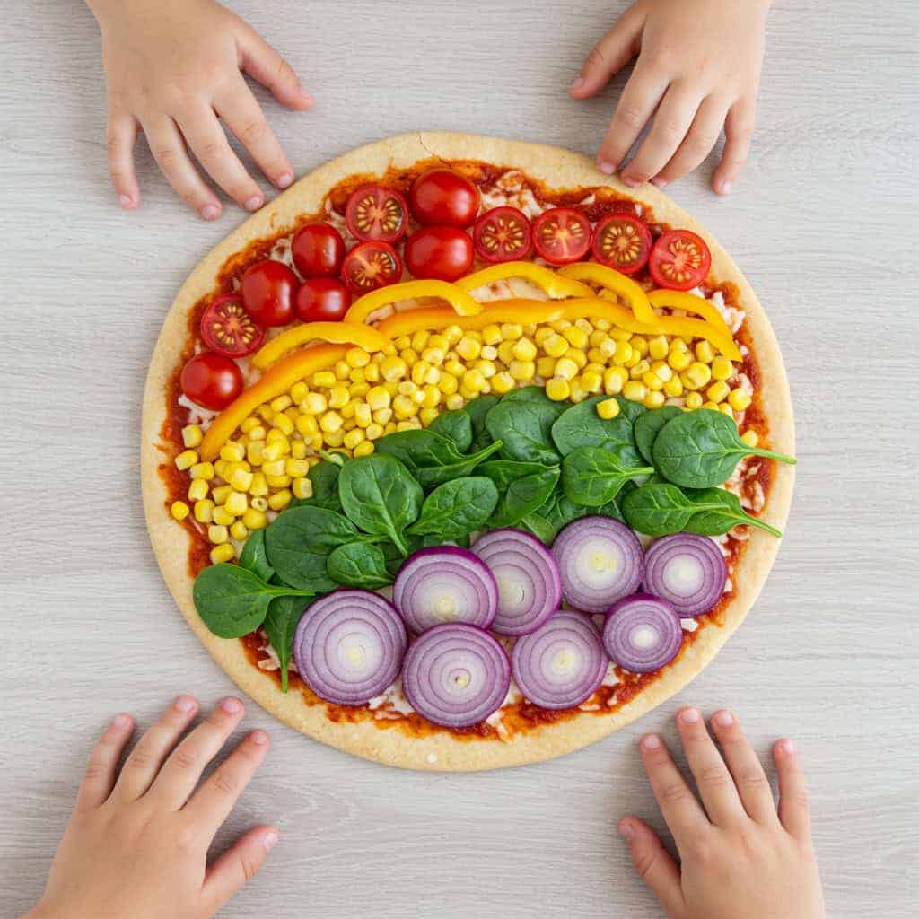 1. Rainbow Veggie Pizzas